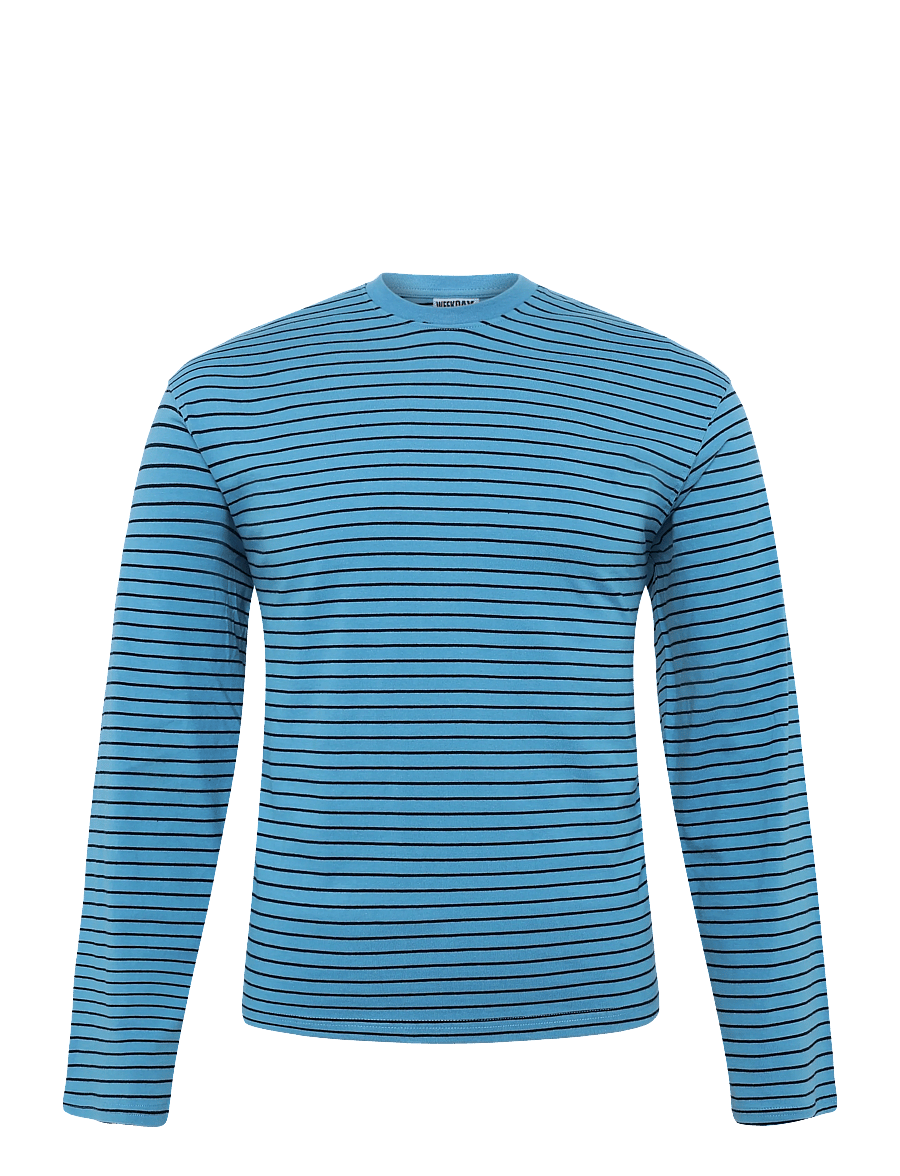 Weekday - Long-Sleeved Boxy Cotton T-shirt - langärmlige tops - blue w black stripe - 0