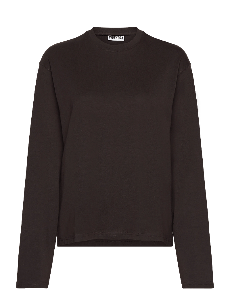 Weekday - Long-Sleeved Boxy Cotton T-shirt - langærmede toppe - dark brown - 0