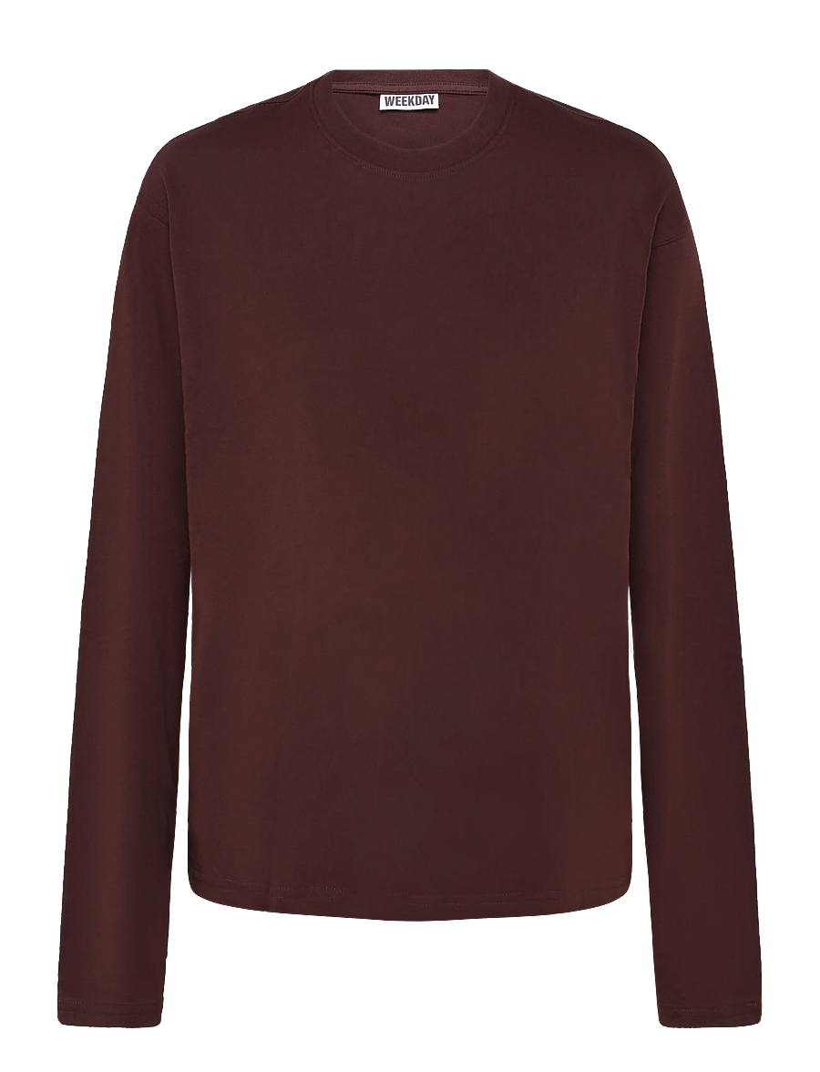 Weekday - Long-Sleeved Boxy Cotton T-shirt - langärmlige tops - dark brown - 0