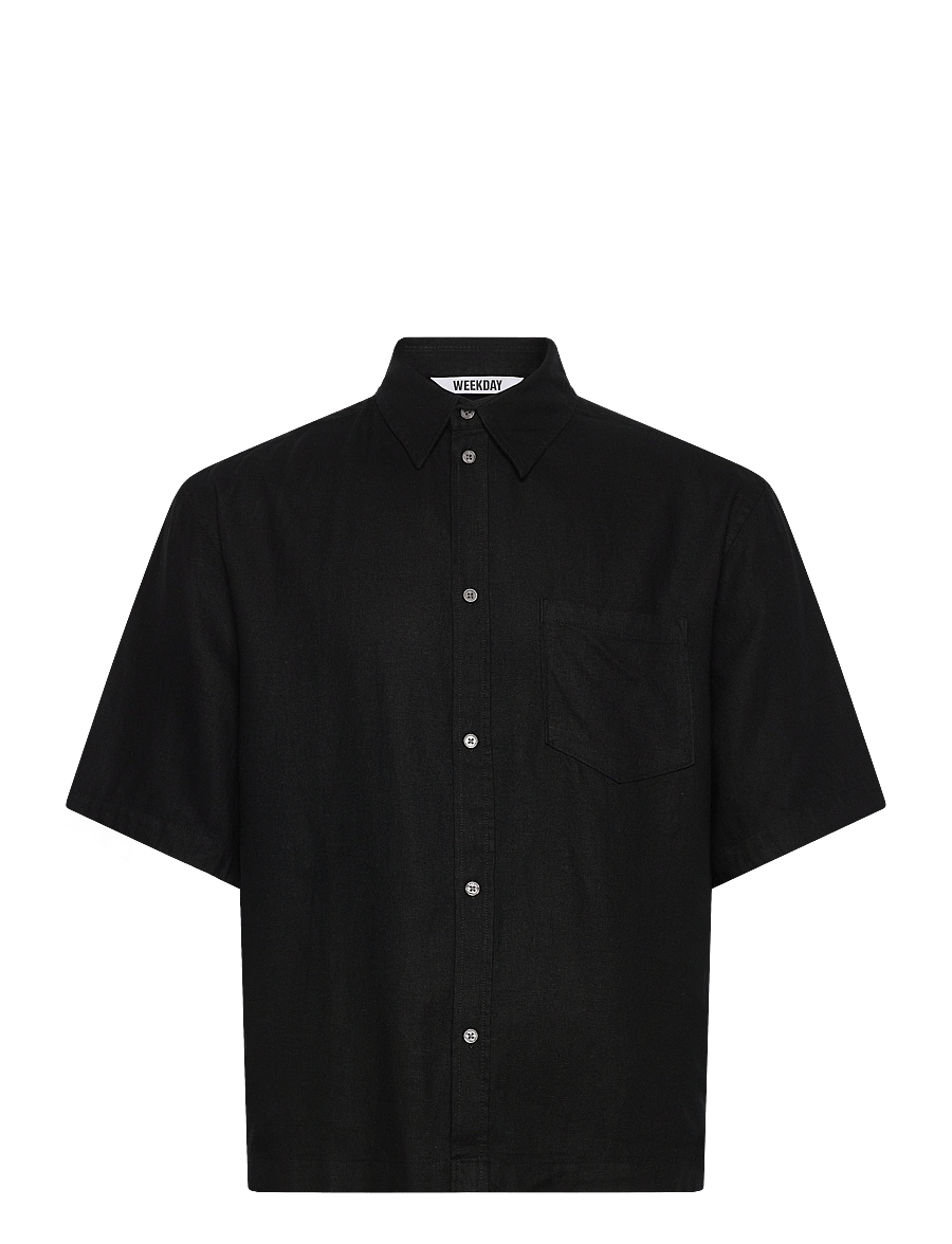 Weekday - Relaxed Short-Sleeved Linen-Blend Shirt - hørskjorter - black - 0