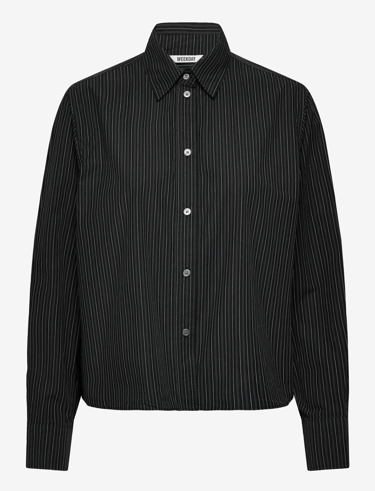 Weekday - Relaxed Cropped Long-Sleeved Cotton Shirt - långärmade skjortor - black stripe - 0