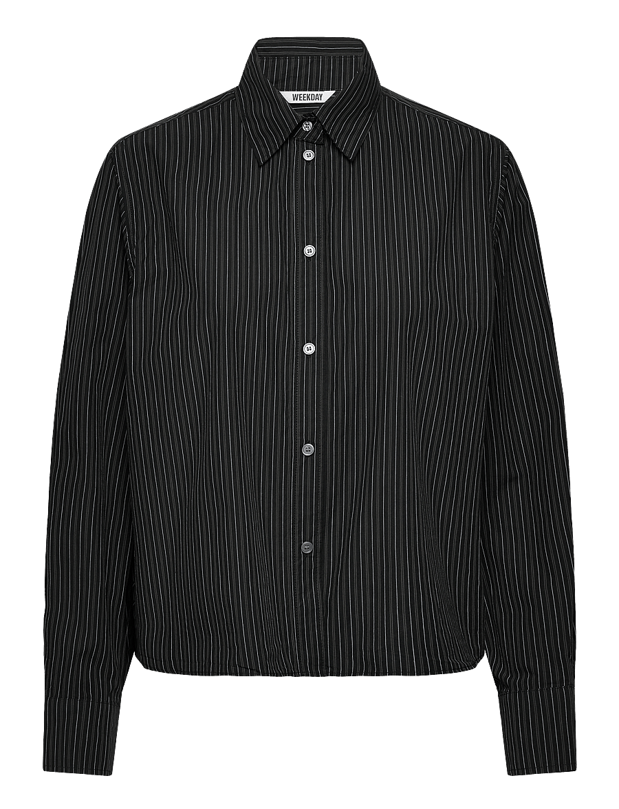 Weekday - Relaxed Cropped Long-Sleeved Cotton Shirt - pikkade varrukatega särgid - black stripe - 0