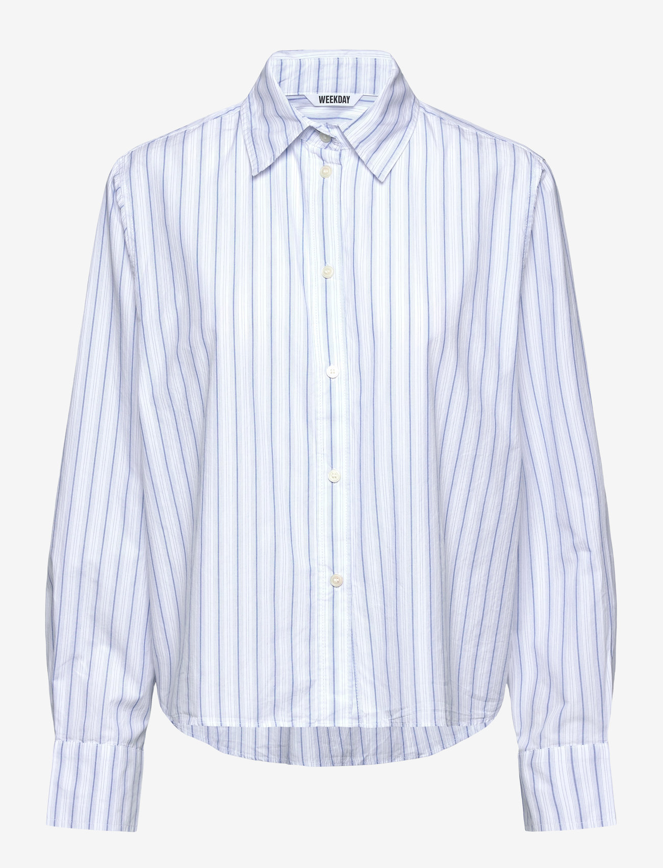 Weekday - Relaxed Cropped Long-Sleeved Cotton Shirt - långärmade skjortor - blue stripe - 0