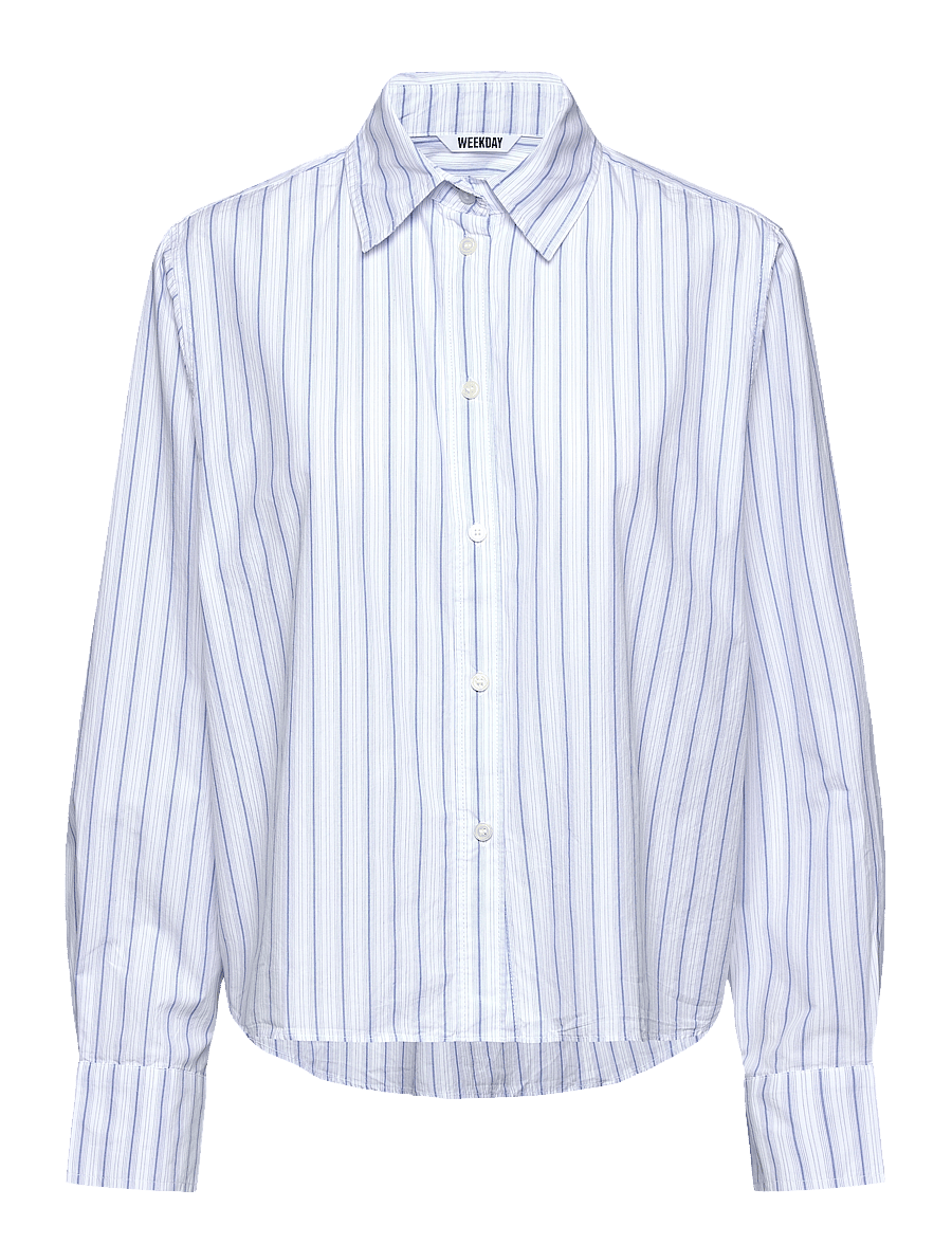 Weekday - Relaxed Cropped Long-Sleeved Cotton Shirt - langærmede skjorter - blue stripe - 0