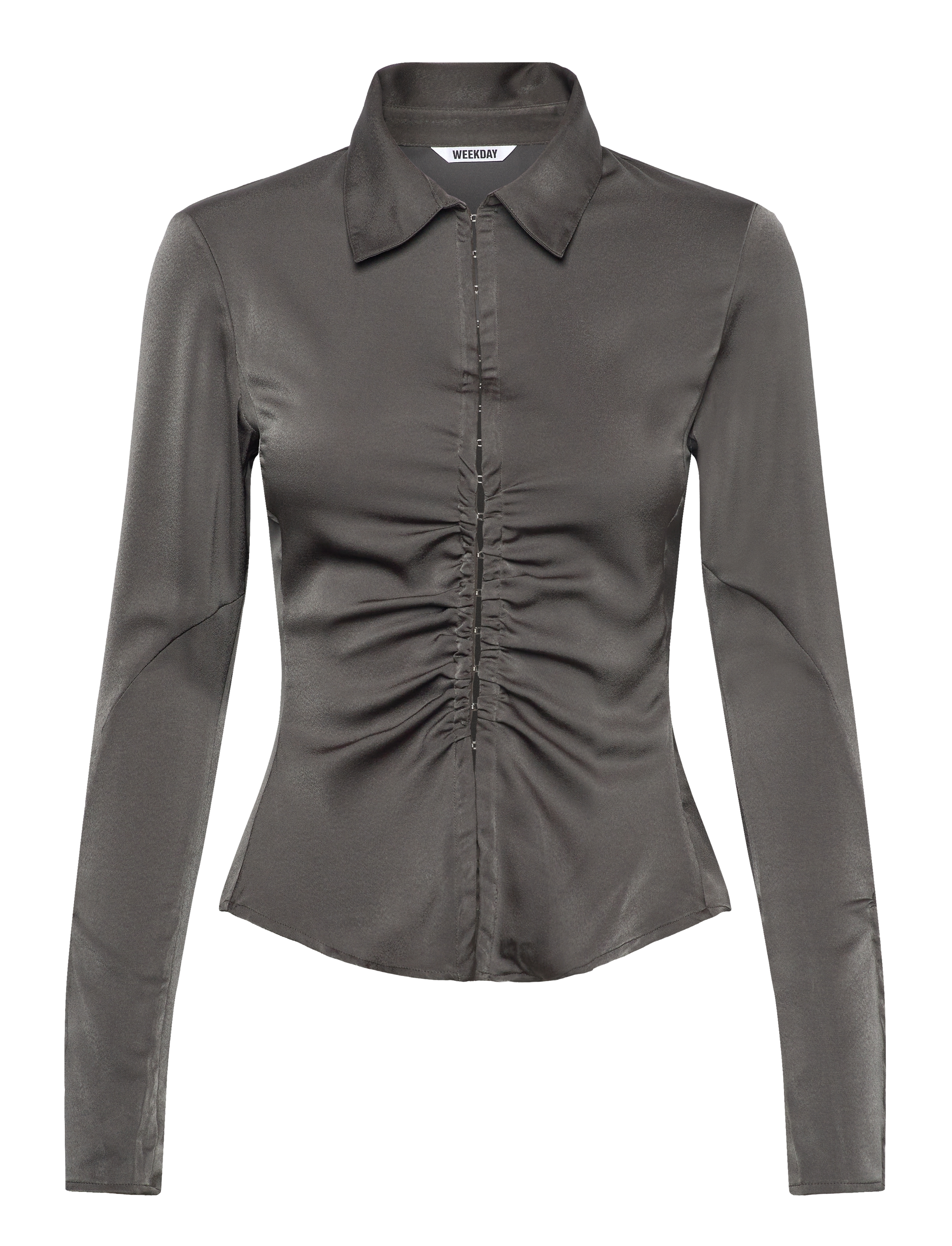 Weekday Long-Sleeved Fitted Satin Shirt - Tøj - MOLE DARK / green