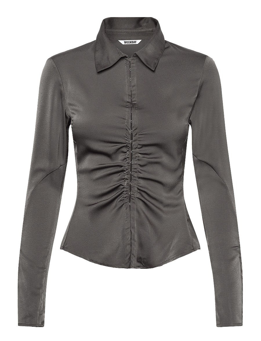 Weekday - Long-Sleeved Fitted Satin Shirt - marškiniai ilgomis rankovėmis - mole dark - 0