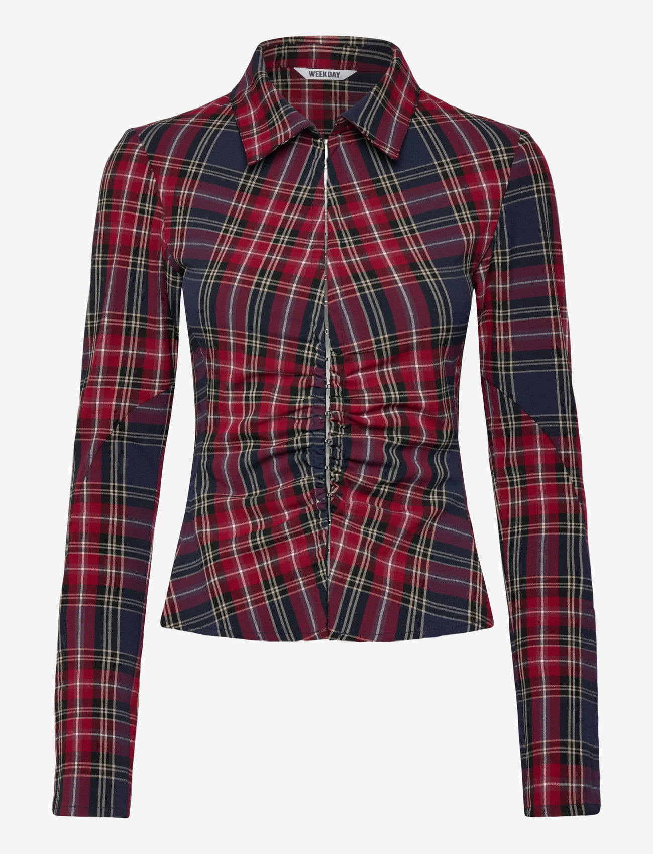 Weekday - Long-Sleeved Fitted Satin Shirt - pikkade varrukatega särgid - red check - 0