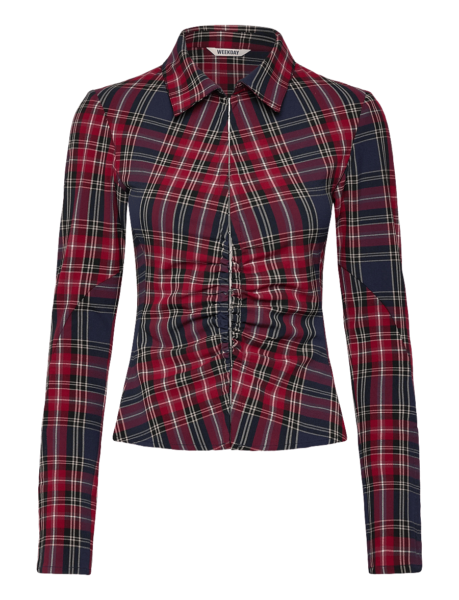 Weekday - Long-Sleeved Fitted Satin Shirt - langärmlige hemden - red check - 0