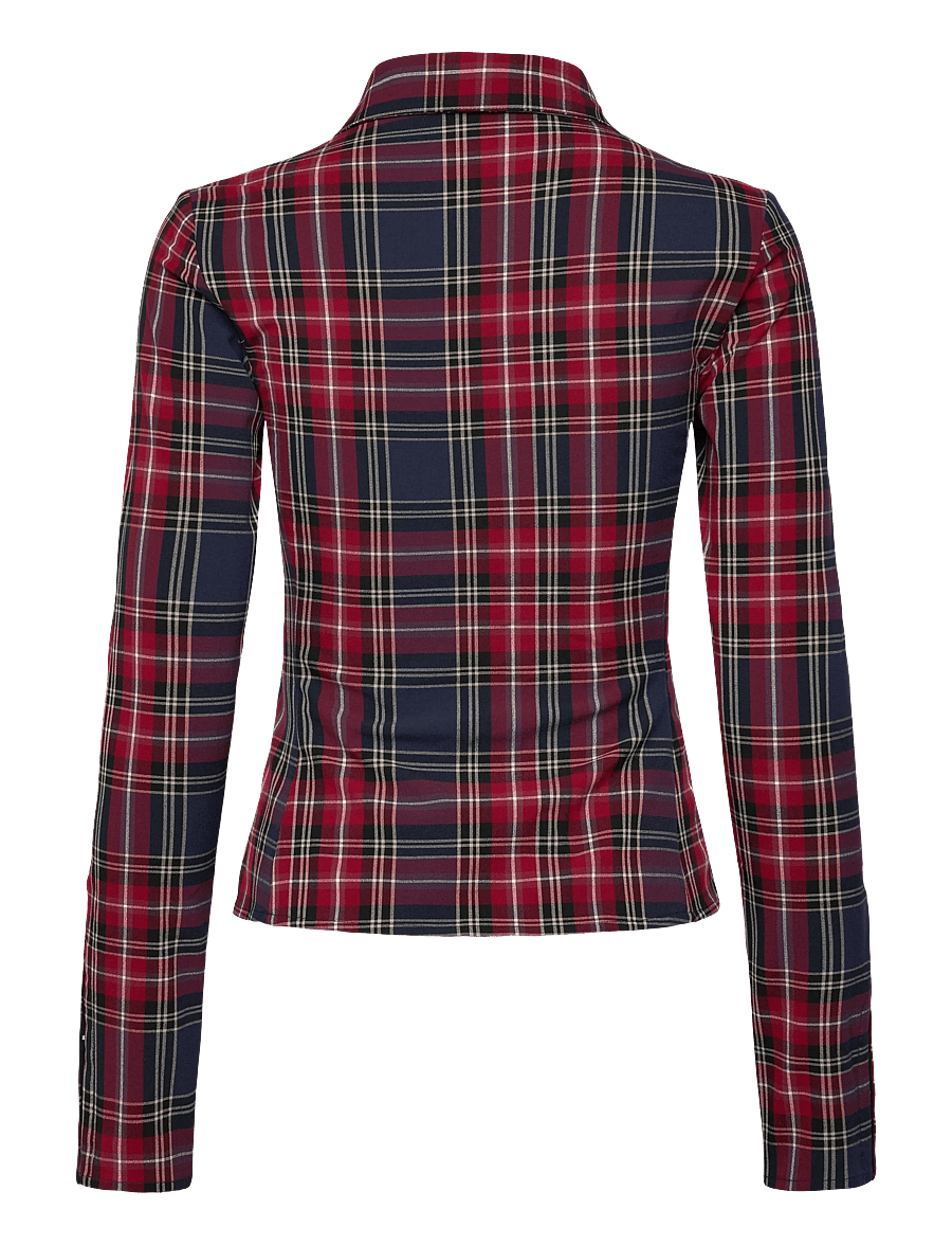 Weekday - Long-Sleeved Fitted Satin Shirt - langärmlige hemden - red check - 1