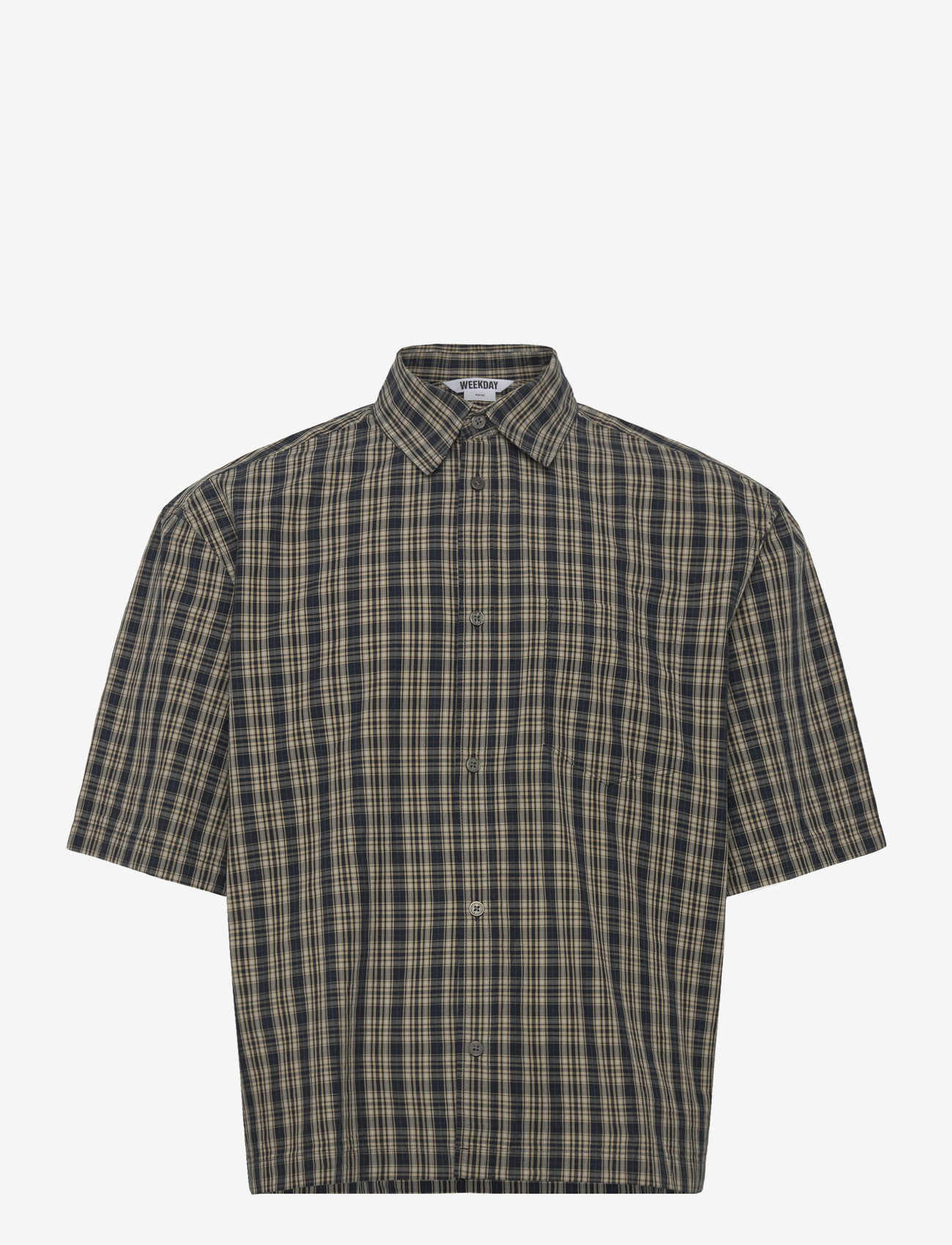 Weekday - Boxy Short-Sleeved Cotton Shirt - lühikeste varrukatega särgid - yellow/navy check - 0