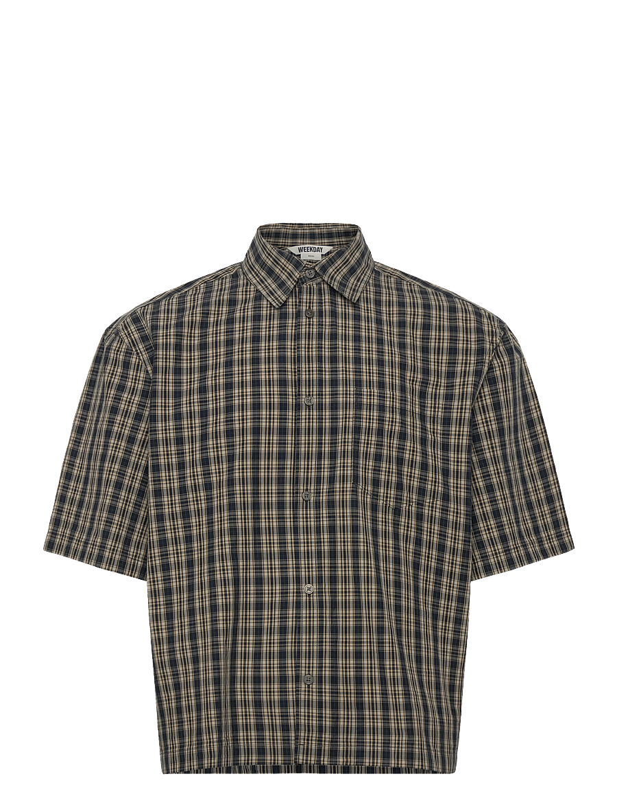 Weekday - Relaxed Fit Short-Sleeved Cotton Shirt - kurzarmhemden - yellow/navy check - 0