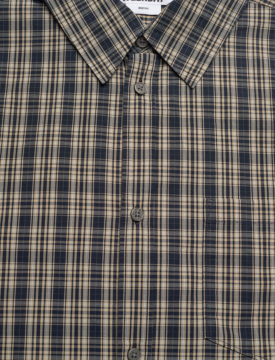Weekday - Relaxed Fit Short-Sleeved Cotton Shirt - kurzarmhemden - yellow/navy check - 2