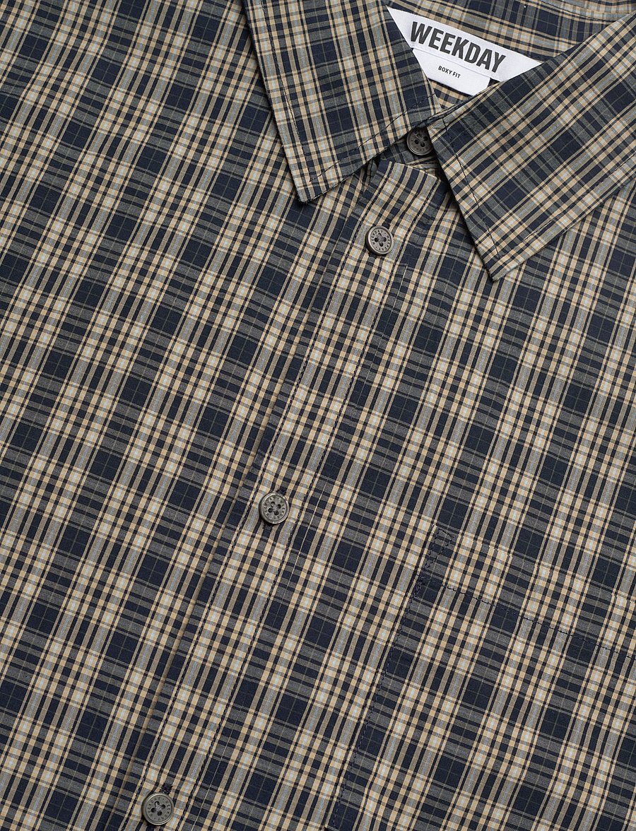 Weekday - Relaxed Fit Short-Sleeved Cotton Shirt - kurzarmhemden - yellow/navy check - 3