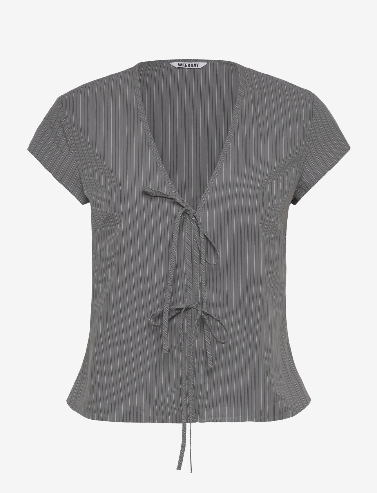 Weekday - Tie-Front V-neck Cotton Blouse - kortärmade blusar - grey stripe - 0