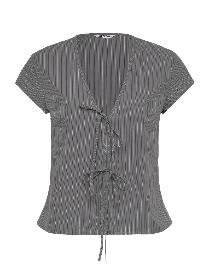 Weekday - Tie-Front V-neck Cotton Blouse - lühikeste varrukatega pluusid - grey stripe - 0