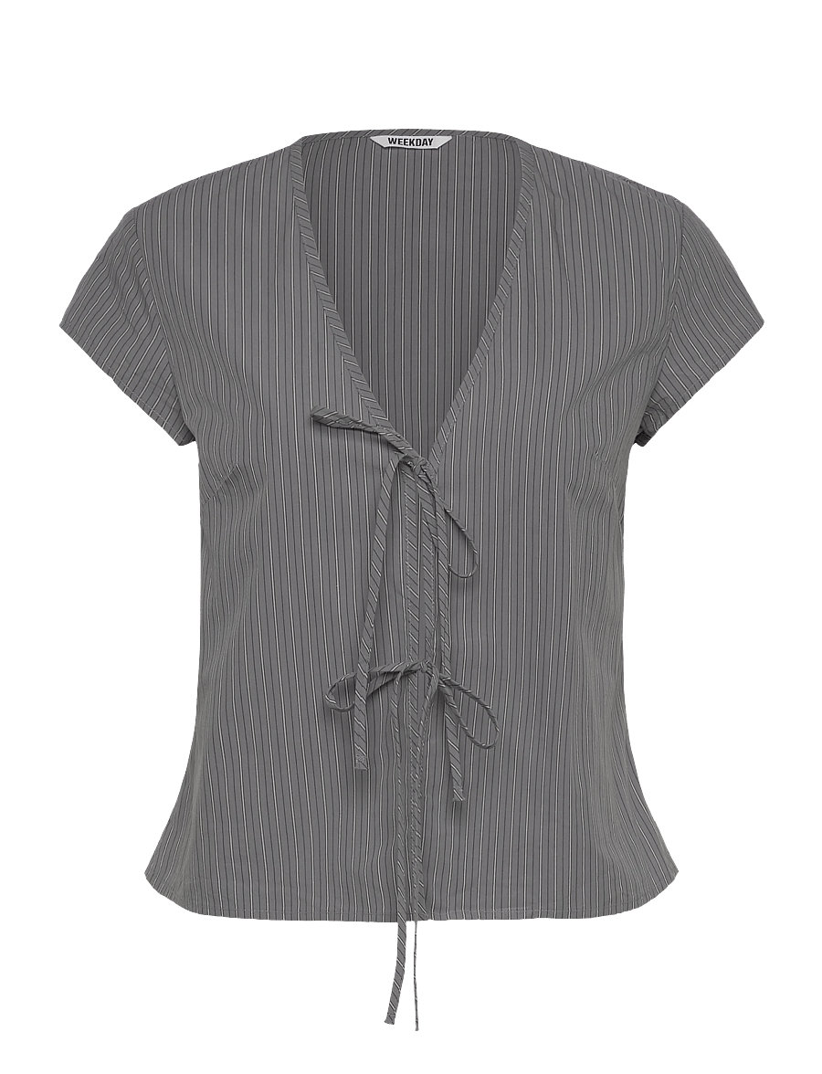 Weekday - Tie-Front V-neck Cotton Blouse - kurzärmelige blusen - grey stripe - 0
