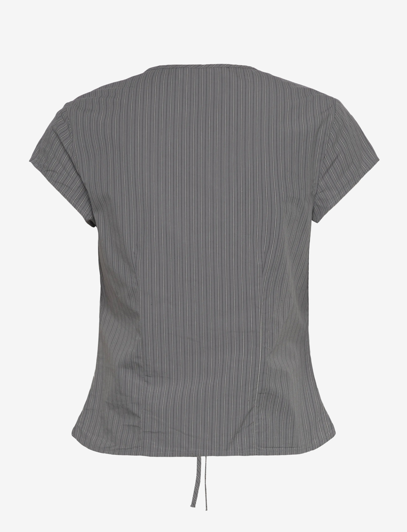 Weekday - Tie-Front V-neck Cotton Blouse - kortärmade blusar - grey stripe - 1