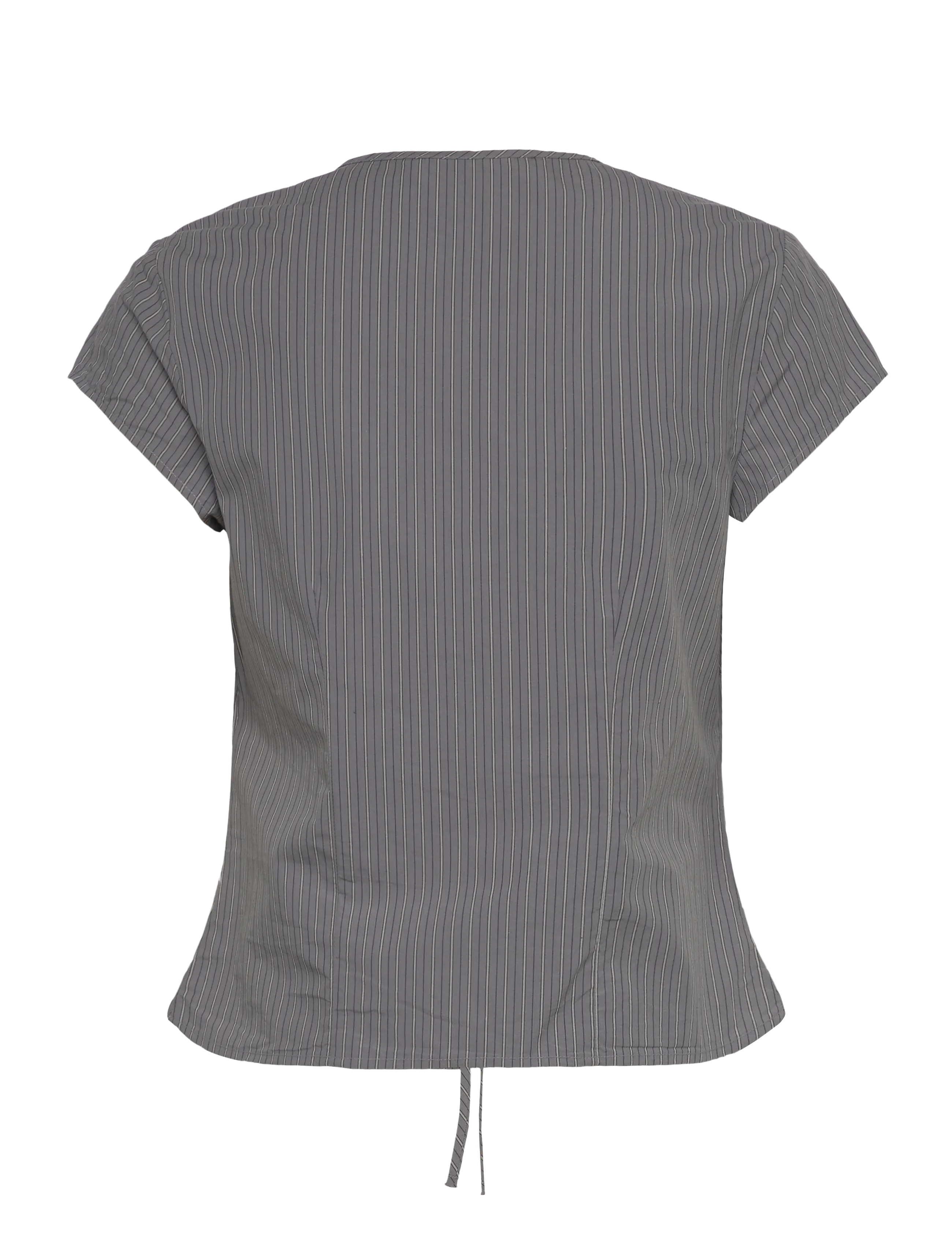 Weekday - Tie-Front V-neck Cotton Blouse - kurzämlige blusen - grey stripe - 1