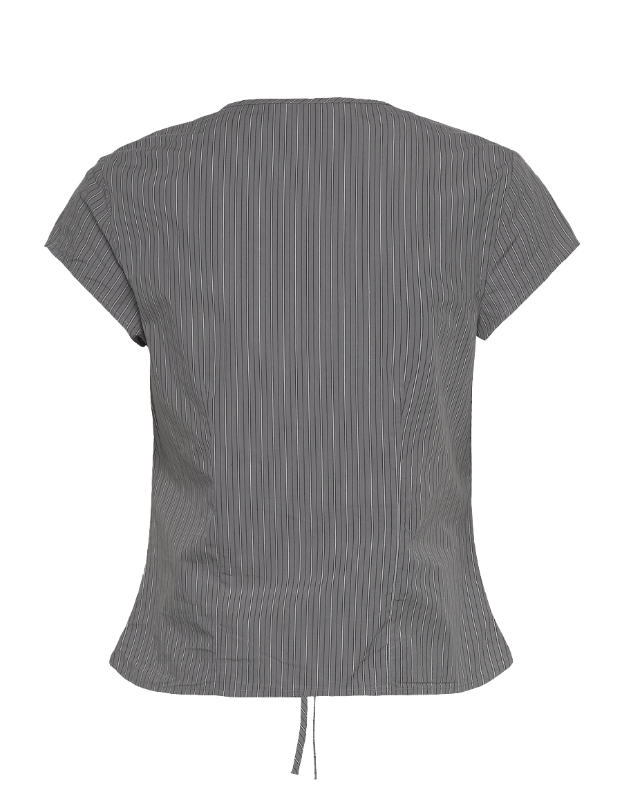 Weekday - Tie-Front V-neck Cotton Blouse - kurzärmelige blusen - grey stripe - 1