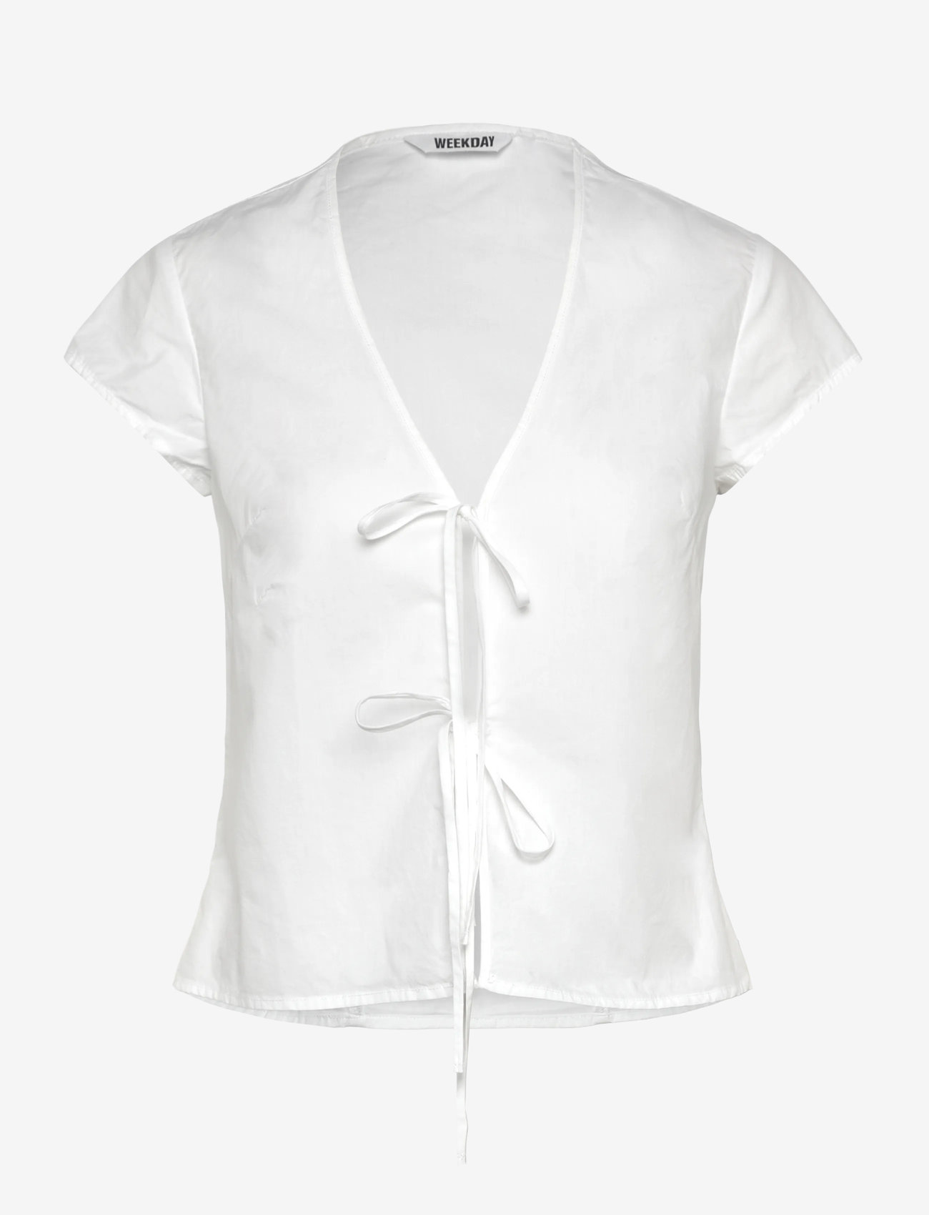 Weekday - Tie-Front V-neck Cotton Blouse - kortärmade blusar - white light - 0