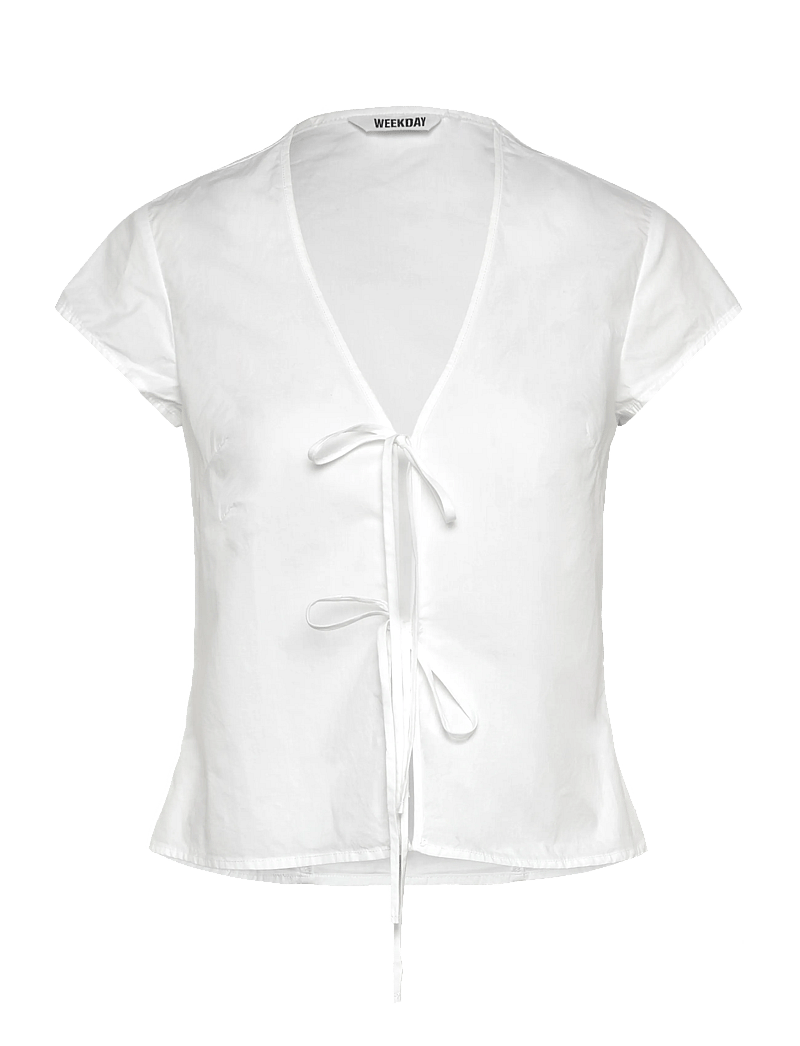 Weekday - Tie-Front V-neck Cotton Blouse - lühikeste varrukatega pluusid - white light - 0