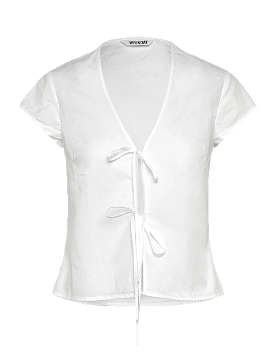 Tie-Front V-Neck Cotton Blouse - KortæRmede Bluser