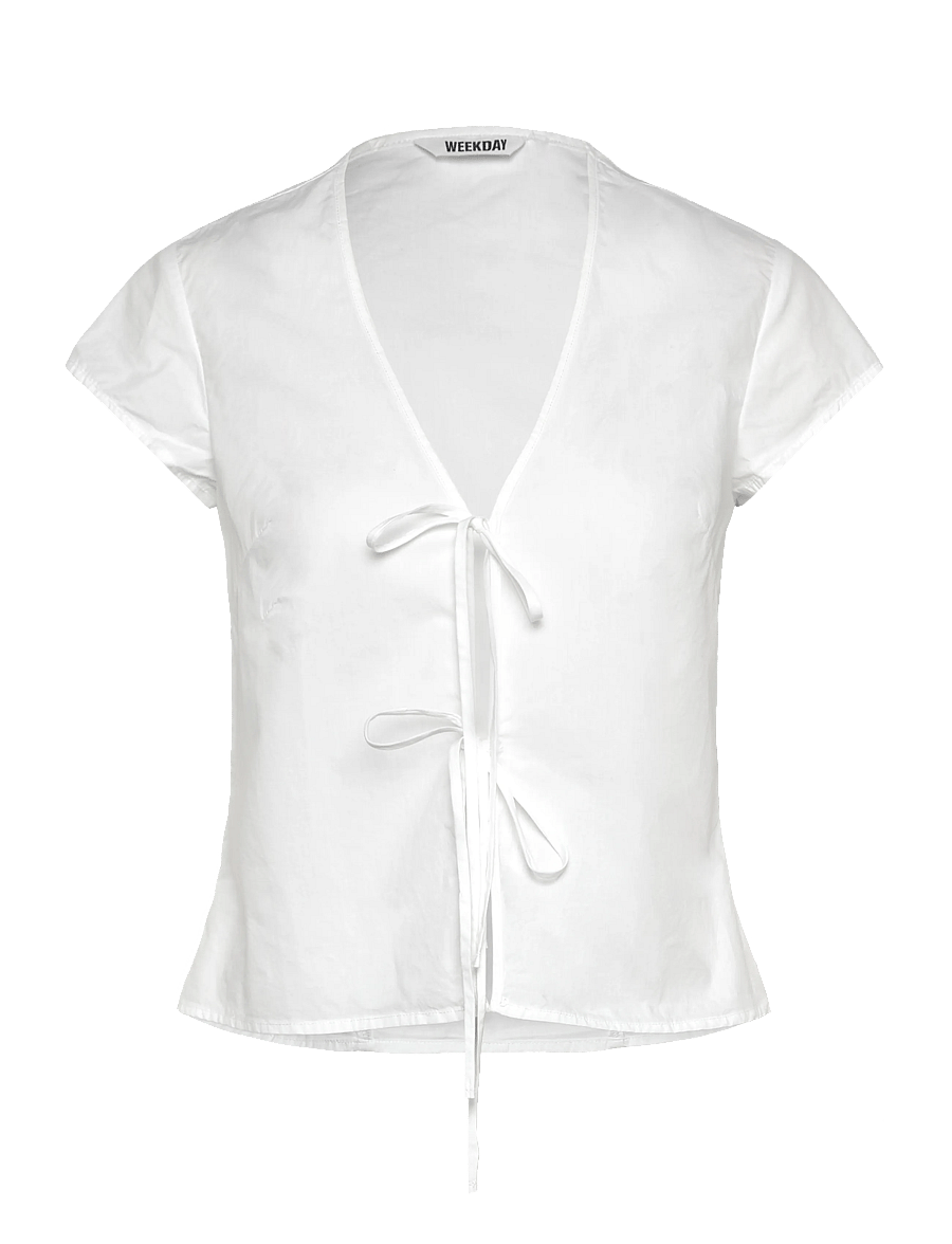 Weekday - Tie-Front V-neck Cotton Blouse - kurzärmelige blusen - white light - 0