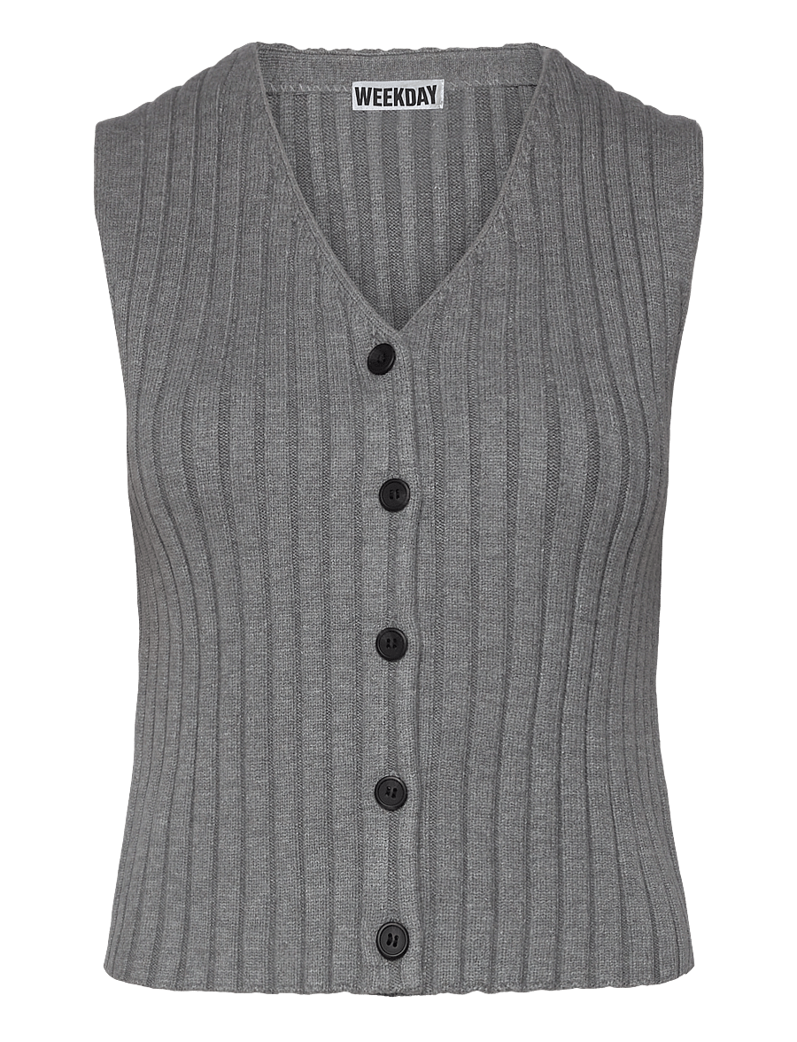 Weekday - Rib-Knitted V-neck Vest - strikveste - grey melange - 0