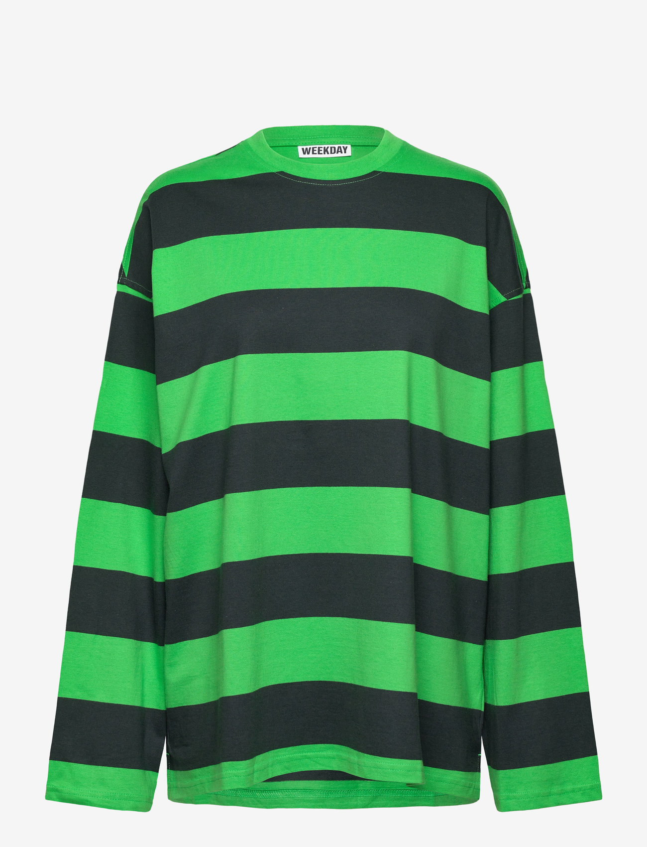 Weekday - Long-Sleeved Oversized Cotton T-shirt - topy z długimi rękawami - green stripe - 0