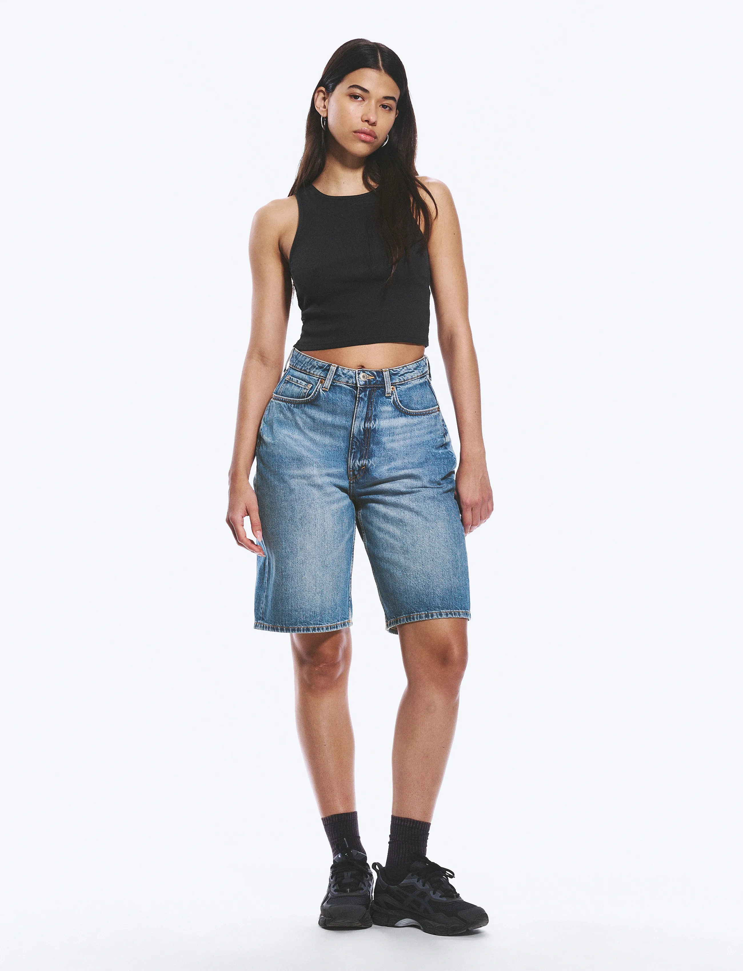 Weekday Curve High Waisted Wide Leg Denim Shorts, 29, Blau - Frauen