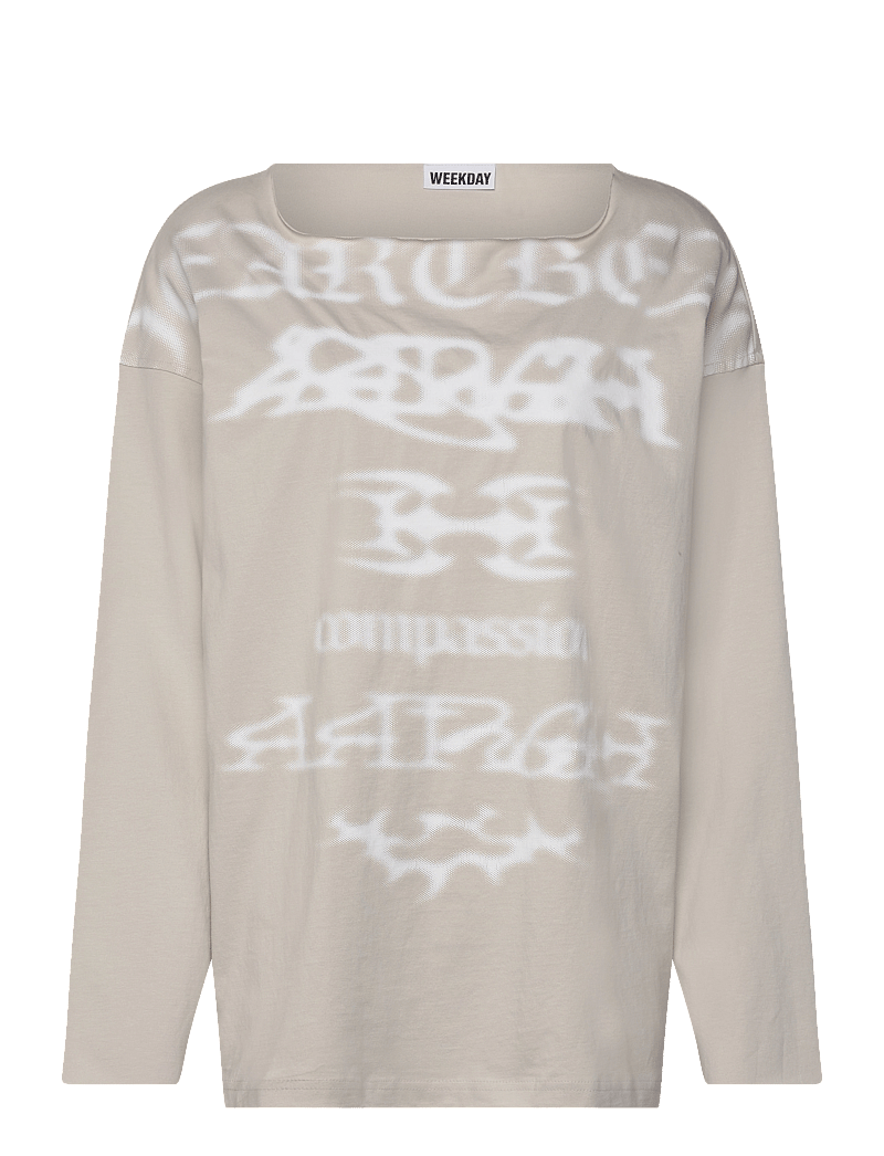 Weekday - Long-Sleeved Boat-Neck Printed Cotton Top - långärmade toppar - mole dusty light - 0