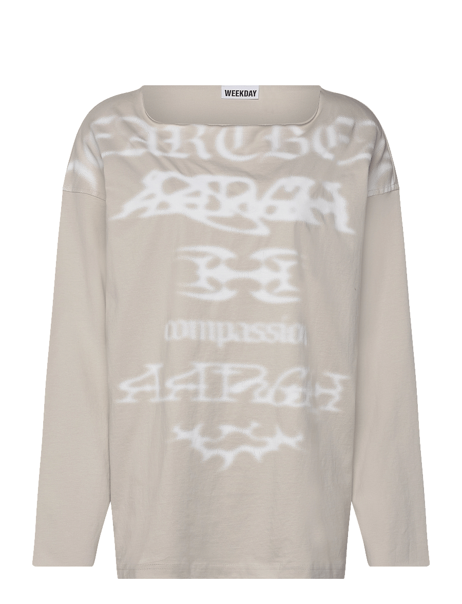 Weekday - Long-Sleeved Boat-Neck Printed Cotton Top - langærmede toppe - mole dusty light - 0