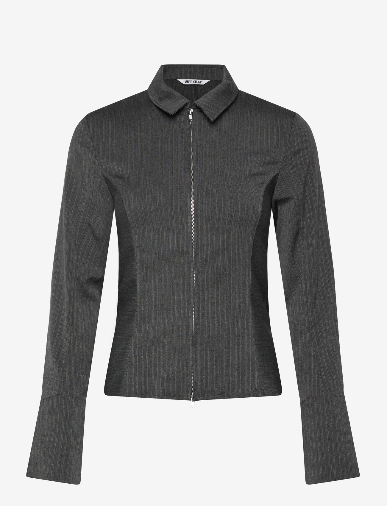Weekday - Long-Sleeved Fitted Zip Shirt - långärmade skjortor - grey melange herringbone - 0