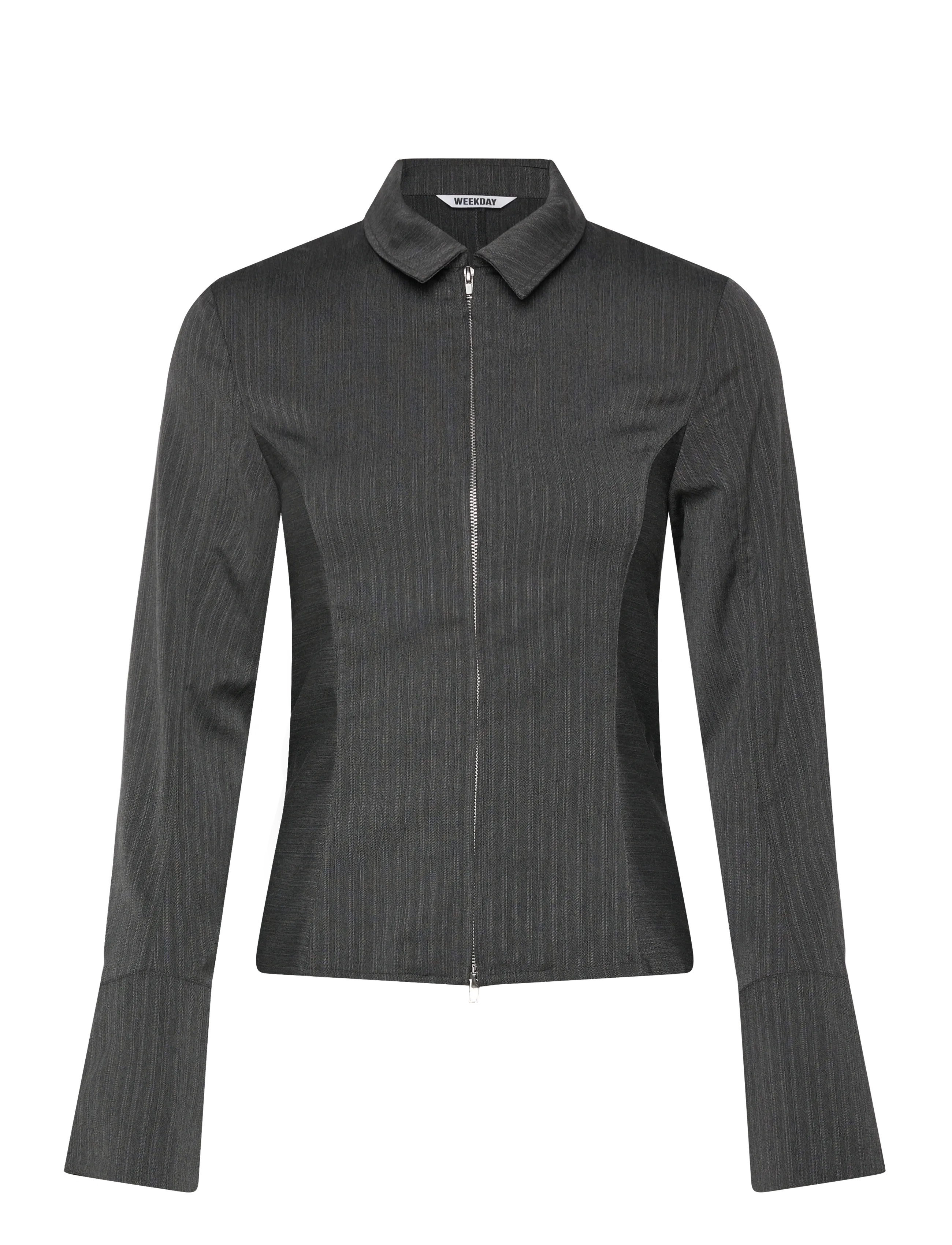 Long-Sleeved Fitted Zip Shirt - GREY MELANGE HERRINGBONE