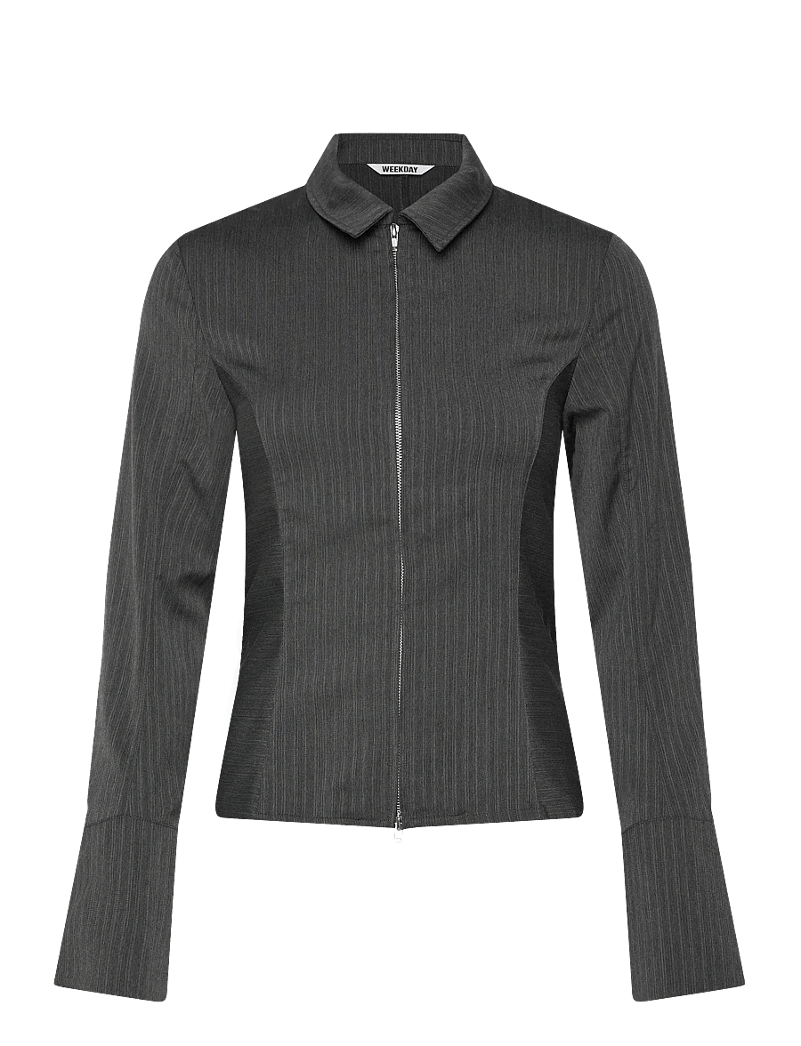 Weekday - Long-Sleeved Fitted Zip Shirt - långärmade skjortor - grey melange herringbone - 0