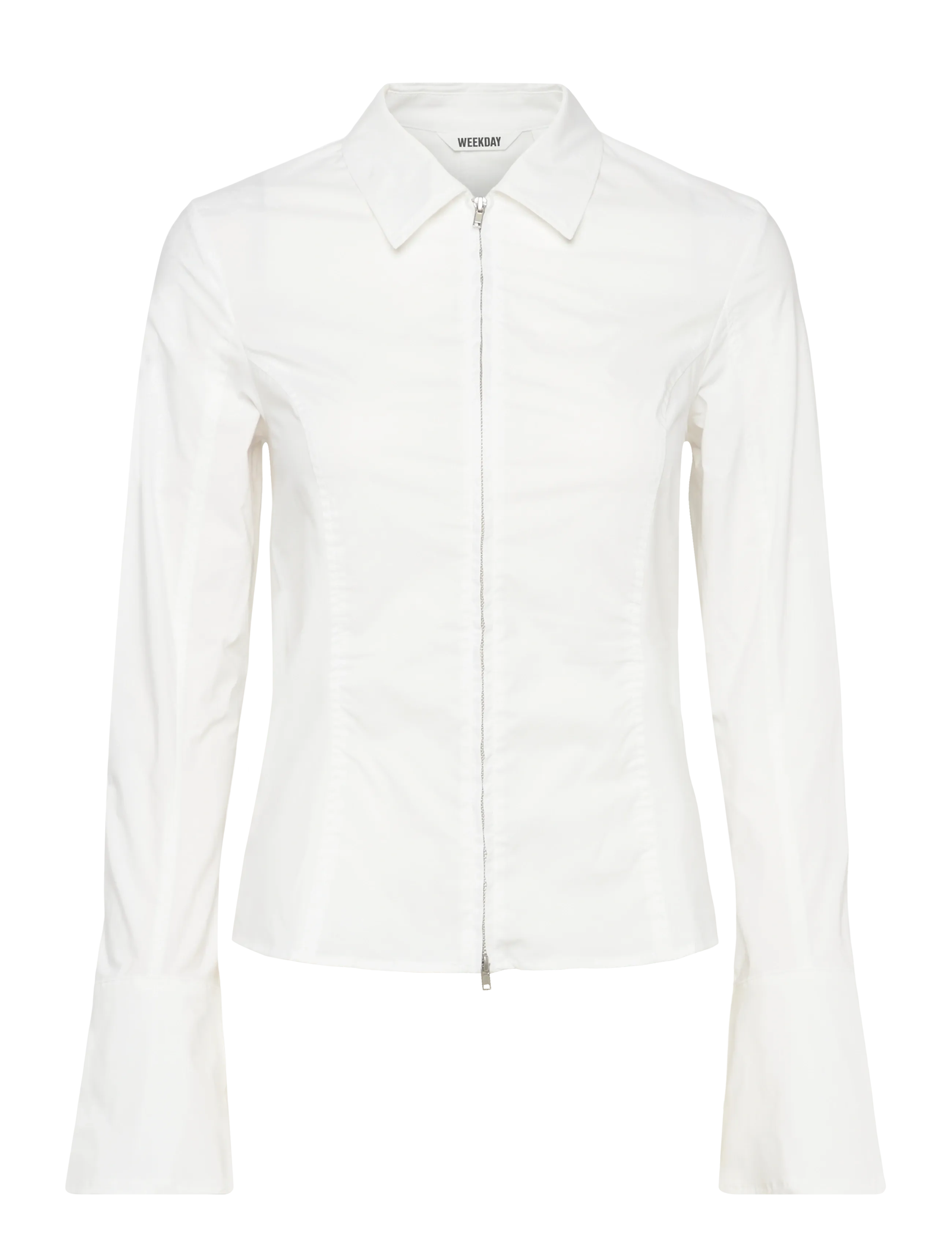 Long-Sleeved Fitted Zip Shirt - WHITE
