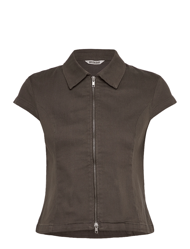 Weekday - Fitted Short-Sleeved Zip Top - short-sleeved shirts - dark grey - 0