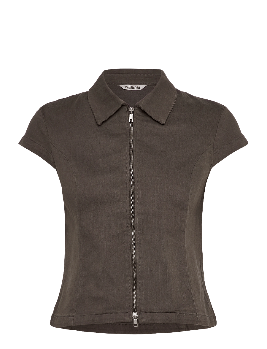 Weekday - Fitted Short-Sleeved Zip Top - kortærmede skjorter - dark grey - 0