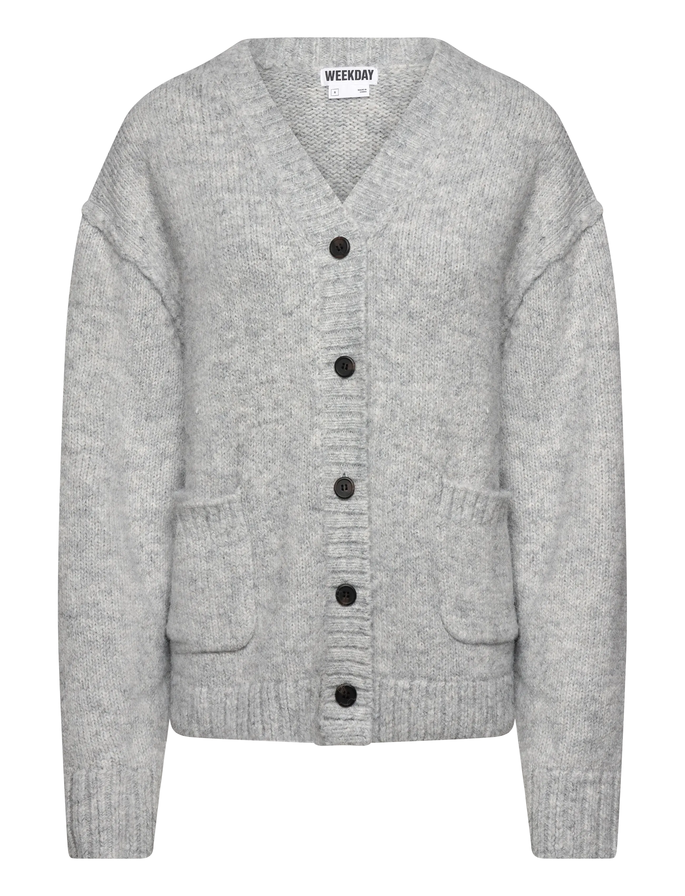 Weekday Loose Fit Knitted V-Neck Cardigan, Kvinder, Løstsiddende Strikket V-hals Cardigan, Grå, Str: M