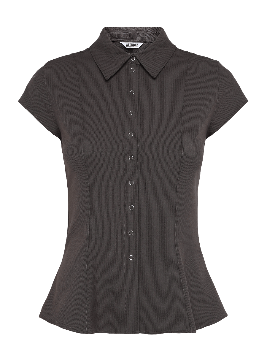 Weekday - Slim Fit Short-Sleeved Crepe Shirt - kortärmade skjortor - dark mole pinstripe - 0