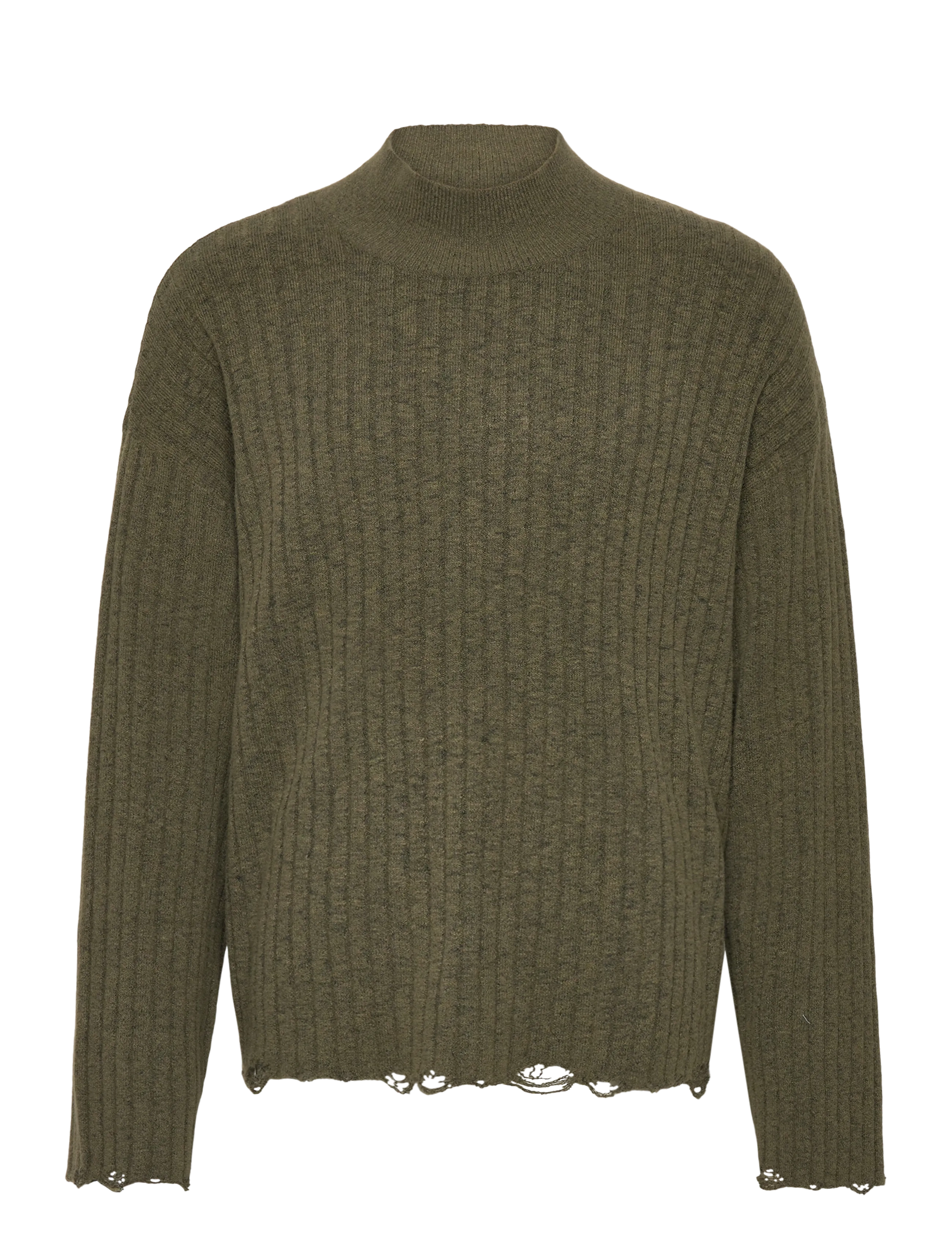 Weekday Distressed Ribbed Mock-Neck Sweater, Mænd, Ribstrikket Halv Rullekrave Sweater med Rå Kanter, Kakigrøn, Str: XL