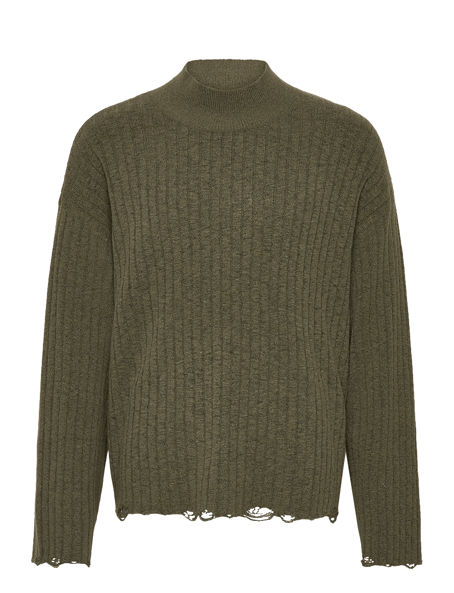 Weekday - Distressed Ribbed Mock-Neck Sweater - rollkragenpullover - khaki green - 0