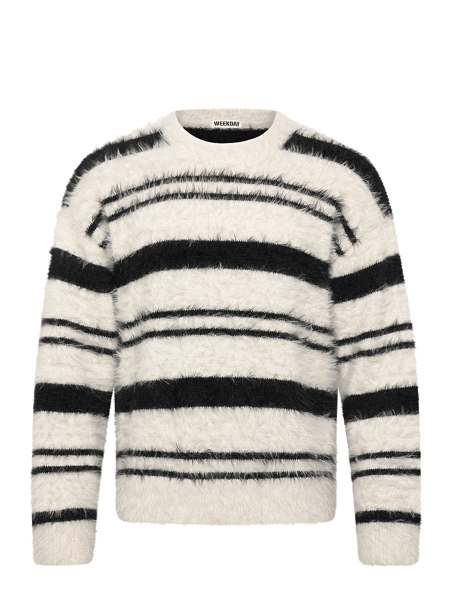 Weekday - Relaxed Striped Knitted Sweater - rund hals - light grey/black stripe - 0