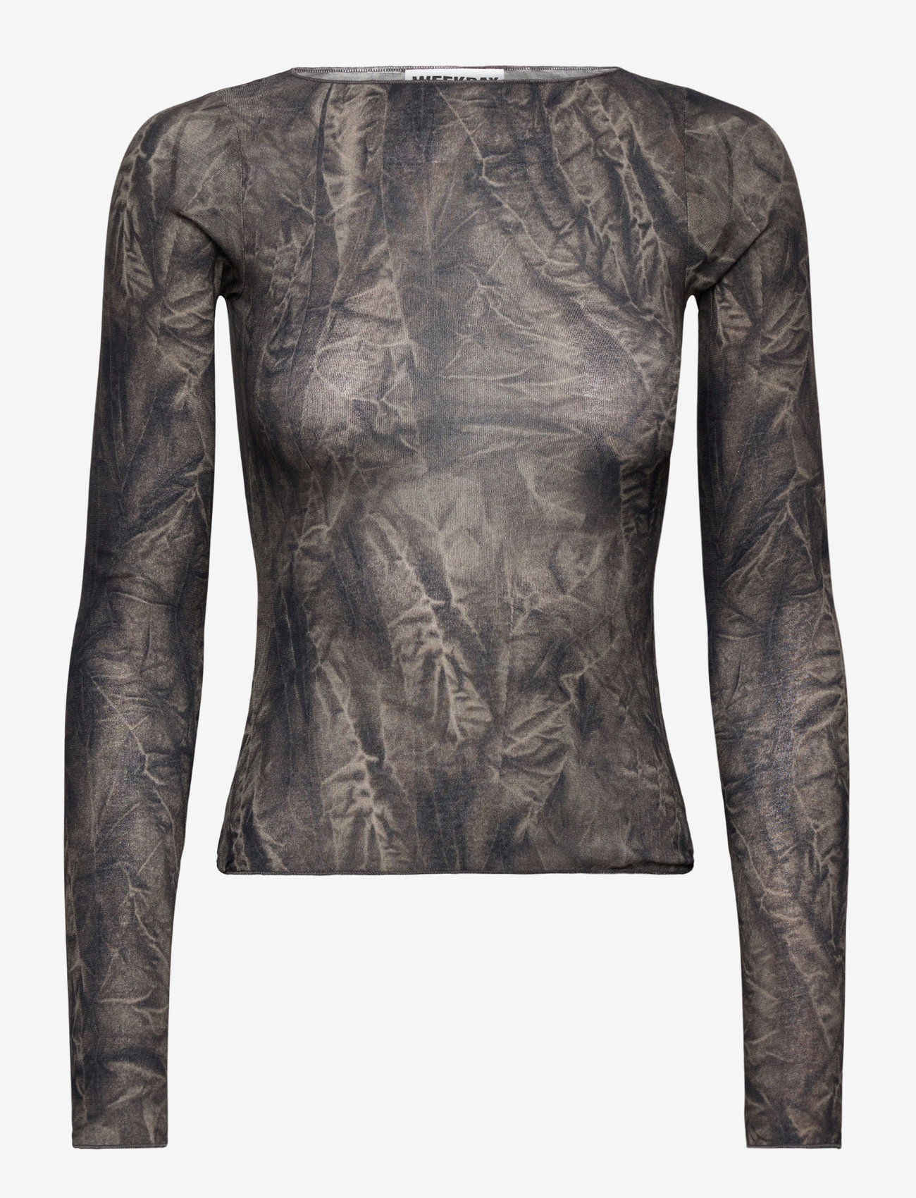 Weekday - Slim Fit Printed Long-Sleeved Boat-Neck Top - palaidinukės ilgomis rankovėmis - dark grey crincle print - 0