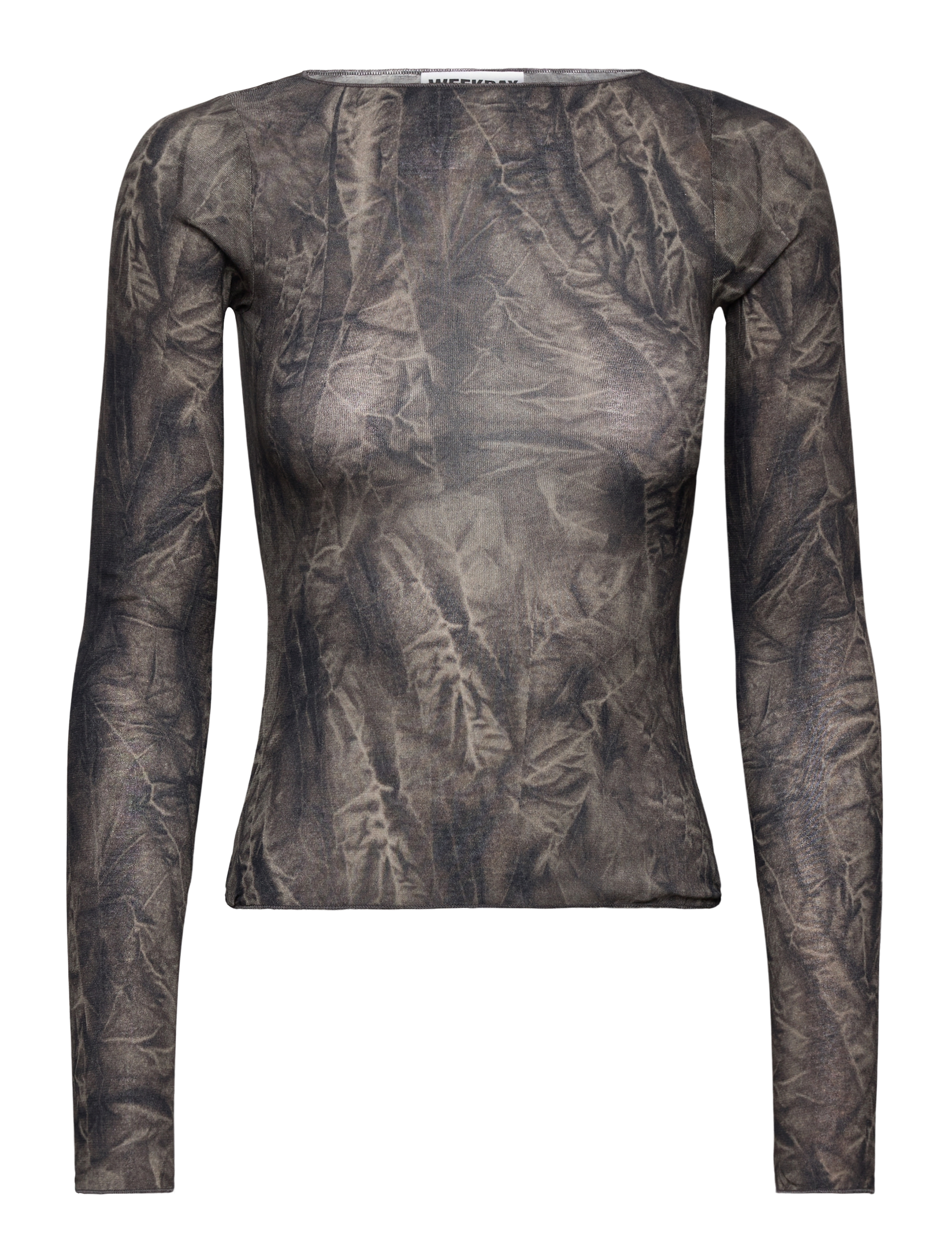 Weekday Slim Fit Printed Long-Sleeved Boat-Neck Top - Tøj - DARK GREY CRINCLE PRINT / grey