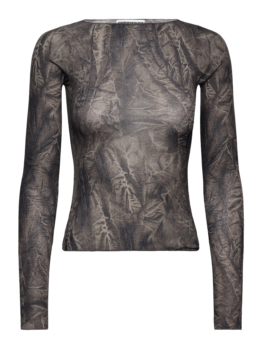 Weekday - Slim Fit Printed Long-Sleeved Boat-Neck Top - langærmede toppe - dark grey crincle print - 0