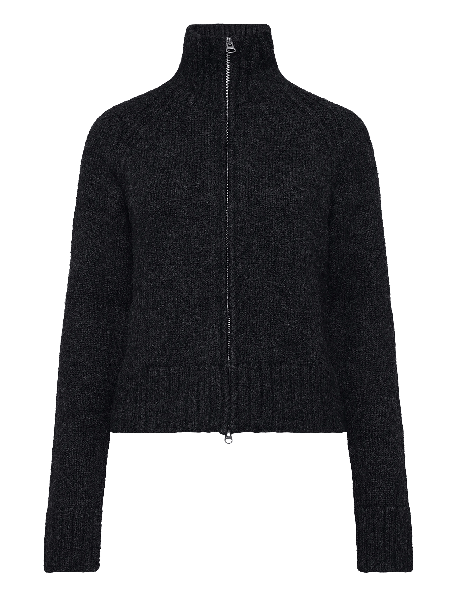Weekday - Soft Knitted Fitted Zip Cardigan - cardigans - off black - 0