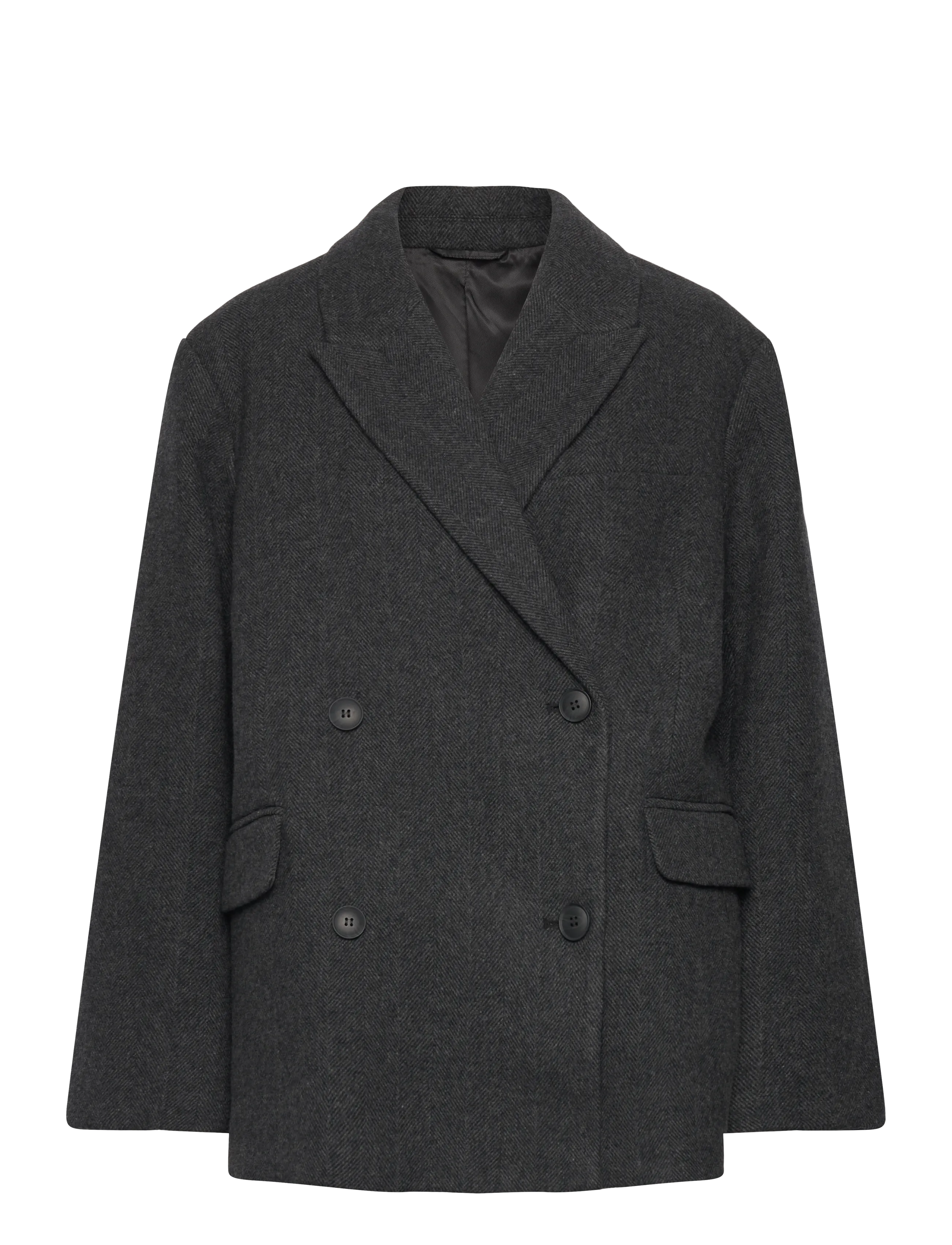 Oversized Wool-Blend Double-Breasted Blazer - DARK GREY HERRINGBONE