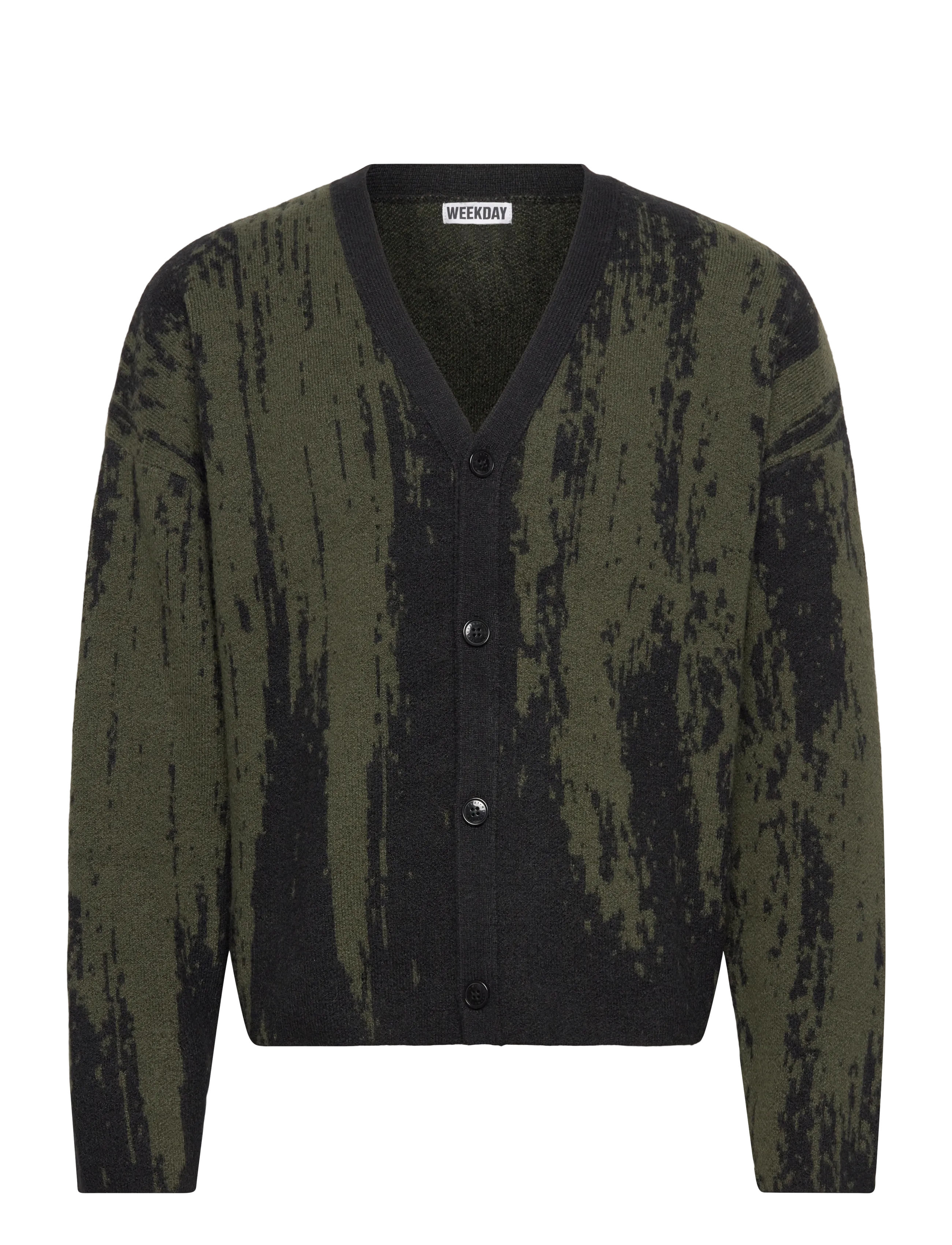 Boxy Knitted Graphic Cardigan - DARK KHAKI GREEN