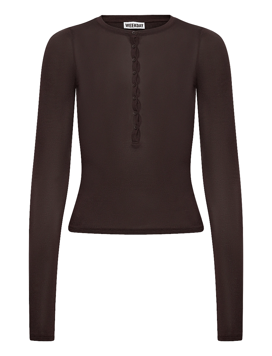 Weekday - Henny Henley LS Top - langärmlige tops - dark brown - 0